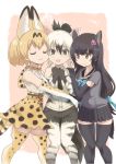  3girls aardwolf_(kemono_friends) aardwolf_ears aardwolf_tail animal_ears bangs bare_shoulders black_hair black_shorts blonde_hair blush bow bowtie brown_eyes cheek-to-cheek closed_eyes closed_mouth collar collared_peccary_(kemono_friends) collared_shirt commentary_request cowboy_shot cutoffs dangorou_(yushi-art) elbow_gloves extra_ears eyebrows_visible_through_hair gloves hair_between_eyes hair_bow hair_ornament hand_on_another&#039;s_hip hand_on_another&#039;s_shoulder hand_up hands_together hands_up high-waist_skirt hug kemono_friends kemono_friends_festival long_hair looking_at_another low-tied_long_hair medium_hair miniskirt multicolored_hair multiple_girls necktie open_mouth pantyhose pantyhose_under_shorts peccary_ears peccary_tail pocket print_gloves print_legwear print_neckwear print_shirt print_skirt serval_(kemono_friends) serval_ears serval_print serval_tail shirt short_sleeves shorts skindentation skirt sleeveless sleeveless_shirt smile standing striped_tail sweater tail thigh-highs thigh_gap two-tone_hair wavy_mouth white_hair zettai_ryouiki |3 