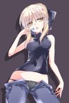  1girl :p artoria_pendragon_(all) bangs black_background black_bow black_panties black_shirt blonde_hair blue_pants bow bow_panties braid breasts closed_mouth commentary cowboy_shot dripping eyebrows_visible_through_hair fate/stay_night fate_(series) food french_braid hair_bow hair_bun head_tilt highres holding holding_food lace lace-trimmed_panties looking_at_viewer medium_breasts midriff nail_polish open_pants orange_nails panties pants pants_pull popsicle saber_alter shadow shirt short_hair simple_background sleeveless sleeveless_shirt solo standing take_shinobu tongue tongue_out turtleneck underwear unzipped yellow_eyes 