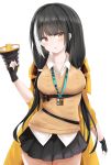  1girl absurdres black_hair breasts coat fingerless_gloves girls_frontline gloves highlights highres id_card large_breasts megaphone multicolored_hair open_clothes open_coat ro635_(girls_frontline) ru_zhai skirt solo yellow_eyes 