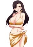  1girl asymmetrical_bangs bangs bikini breast_hold breasts brown_eyes brown_hair cleavage cowboy_shot crossed_arms front-tie_bikini front-tie_top girls_und_panzer koujun_(mugenzero) large_breasts long_hair looking_at_viewer navel nishi_kinuyo open_mouth sarong simple_background smile solo standing swimsuit white_background yellow_bikini yellow_sarong 