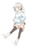  1girl atra_mixta black_legwear blush boots commentary gundam gundam_tekketsu_no_orphans hands_in_pockets highres hood hoodie shorts simple_background solo sumisu_(mondo) white_background 