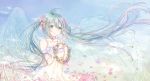  1girl 2018 ahoge bangs blue_eyes blue_hair blue_sky bug buji butterfly clouds collarbone dated day dress eyebrows_visible_through_hair feathered_wings floating_hair flower hair_between_eyes hair_flower hair_ornament hatsune_miku highres holding insect long_hair looking_at_viewer outdoors petals pink_flower pink_rose rose sky sleeveless sleeveless_dress smile solo standing sundress transparent_wings twintails upper_body very_long_hair vocaloid white_dress wings 