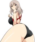  1girl ass bangs black_swimsuit blue_eyes blush breasts clenched_hand closed_mouth competition_swimsuit eyebrows_visible_through_hair frown girls_und_panzer highres itsumi_erika koujun_(mugenzero) long_hair looking_at_viewer looking_back medium_breasts one-piece_swimsuit sideboob silver_hair simple_background solo standing sweatdrop swimsuit white_background 