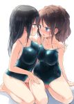  2girls arm_at_side asymmetrical_docking barefoot black_hair blue_eyes blush breast_press breasts brown_eyes brown_hair earrings eye_contact hand_on_another&#039;s_thigh highres homura_subaru jewelry kneeling large_breasts light long_hair looking_at_another multiple_girls new_school_swimsuit one-piece_swimsuit original parted_lips ponytail profile school_swimsuit simple_background sitting strap_slip stud_earrings swimsuit undressing wet white_background yokozuwari yuri 