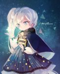  1girl blue_cape blue_dress blue_eyes cape commentary_request dress ecru korean_commentary ponytail rwby scar scar_across_eye solo star twitter_username weiss_schnee white_hair younger 