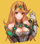  1girl bangs bare_shoulders blonde_hair breasts cleavage_cutout elbow_gloves gloves hand_up mythra_(xenoblade) large_breasts long_hair looking_at_viewer parted_lips simple_background solo star swept_bangs tiara upper_body voruvoru white_gloves xenoblade_(series) xenoblade_2 yellow_background yellow_eyes 