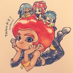  2boys 2girls afro agent_8 artist_name asymmetrical_sleeves black_footwear black_pants blue_eyes blue_hair boots cokeshi english highres inkling looking_at_viewer lying midriff multiple_boys multiple_girls octoling on_stomach pants redhead short_hair smile spiky_hair splatoon splatoon_2 splatoon_2:_octo_expansion squidbeak_splatoon tag 