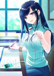  1girl :d bangs black_eyes blue_hair book book_stack commentary_request day denim desk digital_media_player earphones eyebrows_visible_through_hair flower hair_flower hair_ornament hairpin holding_earphone homework indoors jeans kashiwaba_en long_hair looking_at_viewer mechanical_pencil nail_polish open_book open_mouth original pants pencil pink_nails ribbed_sweater single_earphone_removed sitting sleeveless smile solo sweater sweater_vest swept_bangs turtleneck turtleneck_sweater watch watch window 