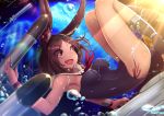  1girl animal_ears azur_lane breasts brown_hair detached_collar eyebrows_visible_through_hair highres i-26_(azur_lane) mappaninatta medium_breasts nontraditional_school_swimsuit one-piece_swimsuit open_mouth rabbit_ears red_eyes sailor_collar school_swimsuit short_hair solo strapless strapless_swimsuit swimsuit torpedo underwater wrist_cuffs 