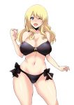  1girl ;d alternate_hairstyle bangs bikini black_bikini blonde_hair blue_eyes breasts cleavage commentary_request cowboy_shot darjeeling girls_und_panzer hair_down highres koujun_(mugenzero) large_breasts long_hair looking_at_viewer navel o-ring o-ring_top one_eye_closed open_mouth side-tie_bikini simple_background smile solo standing strapless strapless_bikini swimsuit white_background 