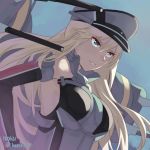  1girl bare_shoulders bismarck_(kantai_collection) blonde_hair blue_eyes dated detached_sleeves hair_between_eyes hat kantai_collection long_hair machinery military military_hat military_uniform peaked_cap solo tonari_no_kai_keruberosu turret twitter_username uniform 