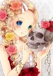  1girl aqua_eyes blonde_hair blue_eyes braid center_frills collarbone commentary_request flower hair_flower hair_ornament hair_over_shoulder hair_vines hairband heterochromia highres holding_skull looking_at_viewer no_bangs original parted_lips pink_flower pink_rose plant pointing red_flower red_rose ribbon rose sleeveless solo taira_shinki upper_body vines white_hairband white_ribbon yellow_flower yellow_rose 