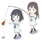  2girls bang_dream! bangs black_hair blue_legwear blue_neckwear blue_shirt blush chibi chocolate_cornet commentary_request fishing_rod food hanasakigawa_school_uniform hanazono_tae highres holding holding_fishing_rod kiyose_akame_(style) long_hair multiple_girls necktie open_mouth outstretched_arm parody pleated_skirt rino_(monochrome_rino) school_uniform serafuku shirt shoes short_hair short_sleeves simple_background skirt style_parody ushigome_rimi walking white_background white_skirt ||_|| 