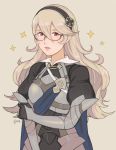  1girl armor curly_hair elbow_gloves female_my_unit_(fire_emblem_if) fire_emblem fire_emblem_if glasses gloves grey_background highres jivke long_hair looking_at_viewer my_unit_(fire_emblem_if) pointy_ears red_eyes simple_background solo white_hair 