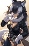  1girl animal_ears black_hair black_legwear blazer blue_eyes breasts cleavage commentary_request fang_out from_above gloves grey_wolf_(kemono_friends) guchico hair_between_eyes hand_to_own_mouth heterochromia jacket kemono_friends legs_crossed long_hair long_sleeves looking_at_viewer medium_breasts multicolored_hair necktie pencil plaid plaid_neckwear plaid_skirt pleated_skirt sitting skirt solo tail thigh-highs two-tone_hair white_gloves wolf_ears wolf_tail yellow_eyes zettai_ryouiki 