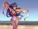  1girl anaruii beach blue_eyes blue_hair blush braid breasts cleavage closed_eyes fire_emblem fire_emblem:_seima_no_kouseki fire_emblem_heroes highres long_hair medium_breasts one-piece_swimsuit parted_lips pegasus_knight ponytail smile solo standing swimsuit tana towel twin_braids water 