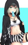 1girl aoba_moca asato_(fadeless) bang_dream! bangs black_choker black_jacket blue_eyes bra chain_necklace choker commentary_request food grey_hair highres hood hood_up hooded_jacket jacket jewelry long_sleeves looking_at_viewer mouth_hold o-ring paint_stains pendant popsicle shorts sitting solo splatter_print striped striped_shorts thigh_strap underwear vertical-striped_shorts vertical_stripes white_bra