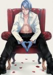  1boy abs armchair bangs belt blue_hair boots chair collarbone dress_shirt gloves hands_together highres looking_at_viewer open_shirt petals pink_eyes rose_petals shirt short_hair simple_background sitting smirk solo spread_legs tokyo_ghoul tsukiyama_shuu white_background 