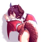  1girl blush dragon_horns dragon_tail dragon_wings granblue_fantasy grea_(shingeki_no_bahamut) hair_between_eyes hand_up highres horns koko_(hm142533) leaning_forward looking_at_viewer one_eye_closed pointy_ears purple_hair red_eyes red_skirt short_hair simple_background skirt skirt_lift solo standing tail wings 
