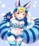  1girl :3 :d animal_ears bangs bare_shoulders beads blonde_hair blue_background blue_hair blush bob_cut breasts claws cleavage commentary cowboy_shot dot_nose elbow_gloves eyebrows_visible_through_hair fang gloves gradient_hair hair_between_eyes hands_up highres kemono_friends kemoribon looking_at_viewer medium_breasts midriff multicolored_hair multiple_tails navel open_mouth parted_bangs paw_gloves paw_pose paws prayer_beads raised_eyebrows serval_(kemono_friends) shiserval_right short_hair simple_background slit_pupils smile solo standing star starry_background tail thigh-highs thigh_gap two-tone_hair two_tails wide_hips yellow_eyes 
