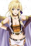  1girl :d ahoge armlet asymmetrical_gloves blonde_hair blue_ribbon breasts cleavage collarbone cowboy_shot crop_top elbow_gloves eyebrows_visible_through_hair gloves grancrest_senki groin hair_between_eyes hair_ribbon hands_on_hips highres jewelry leaning_forward long_hair looking_at_viewer medium_breasts midriff miniskirt navel necklace open_mouth raipen ribbon shiny shiny_clothes shiny_skin sidelocks siluca_meletes skirt smile solo standing stomach violet_eyes white_skirt 