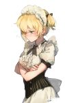  1girl :t alternate_costume bangs black_neckwear blonde_hair blouse blush braid breasts closed_mouth collared_blouse corset crossed_arms enmaided eyebrows_visible_through_hair frills girls_frontline green_eyes looking_down maid maid_headdress medium_breasts playing_games pout puffy_short_sleeves puffy_sleeves short_hair short_sleeves shuzi sidelocks simple_background skirt solo tsurime twintails upper_body welrod_mk2_(girls_frontline) white_background white_skirt 