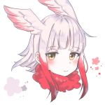  1girl aotan_(aorin114) bangs bird_wings blush eyebrows_visible_through_hair fur_collar gradient_hair head_wings headshot japanese_crested_ibis_(kemono_friends) kemono_friends multicolored_hair redhead sidelocks white_hair wings yellow_eyes 