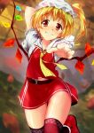  1girl absurdres arm_behind_head arm_up ascot bangs bare_arms belt blonde_hair blouse blurry blurry_background cowboy_shot crystal eyebrows_visible_through_hair flandre_scarlet foot_up foreshortening frilled_sleeves frills fur-trimmed_footwear fur_trim gluteal_fold grin hand_up head_tilt high_ponytail highres long_hair looking_at_viewer midriff_peek miniskirt nanase_nanami navel outstretched_arm reaching_out red_eyes red_footwear red_legwear red_skirt red_vest shoes short_sleeves side_ponytail skirt smile solo stomach thigh-highs thigh_gap touhou vest wavy_mouth white_blouse wings yellow_neckwear zettai_ryouiki 