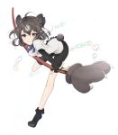  1girl ahoge animal_ears aura bangs bear_ears bear_girl bear_paw_hammer bear_tail bike_shorts black_gloves black_hair black_shorts blue_neckwear bow bowtie breasts brown_bear_(kemono_friends) brown_eyes closed_mouth commentary elbow_gloves fingerless_gloves frilled_shirt frills full_body gloves grey_hair hair_between_eyes holding kemono_friends light_smile looking_at_viewer medium_breasts multicolored_hair nangolf parted_bangs shirt short_hair short_sleeves shorts simple_background solo standing standing_on_one_leg tail two-tone_hair wavy_hair white_background white_shirt 
