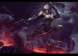  1girl armor black_gloves black_pants breastplate crossbow demon_hunter diablo_3 dual_wielding fighting gloves glowing glowing_eye highres holding holding_crossbow holding_weapon hood hood_up night outdoors pants red_scarf scarf skeleton snatti weapon 