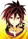  1boy brown_hair collarbone eyebrows_visible_through_hair hair_between_eyes headphones headphones_around_neck highres holding holding_headphones mimi0846 no_game_no_life portrait red_eyes shirt solo sora_(no_game_no_life) spiky_hair yellow_shirt 