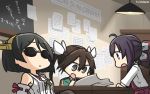  3girls ahoge bare_shoulders black_hair brown_eyes brown_hair dated detached_sleeves dress fujinami_(kantai_collection) hair_between_eyes hairband hamu_koutarou headgear highres japanese_clothes kantai_collection kirishima_(kantai_collection) long_hair long_sleeves multiple_girls nontraditional_miko open_mouth purple_dress purple_hair ribbon-trimmed_sleeves ribbon_trim shirt short_hair side_ponytail sleeveless sleeveless_dress sunglasses tone_(kantai_collection) twintails white_shirt wide_sleeves 