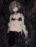  1girl artist_name bangs black_pants blood blood_on_face bloody_tears blue_eyes bra breasts brick_wall brown_hair buttons cleavage dark_background dirty_face dissolving_clothes empty_eyes half-closed_eyes head_tilt kere_(kere9r) leaf long_sleeves navel open_mouth original panties pants pipes red_panties shaded_face shirtless short_hair small_breasts solo topless tsurime underwear visible_ears wavy_mouth white_sleeves 
