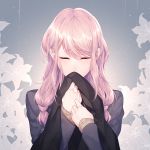  1girl bangs brown_sweater closed_eyes eyebrows_visible_through_hair flower grey_background grey_jacket hair_over_shoulder holding jacket long_hair megurine_luka megurine_luka_(vocaloid4) miyamotokannn pink_hair shiny shiny_hair solo sweater swept_bangs twintails upper_body vocaloid white_flower 