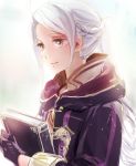  1girl book cloak female_my_unit_(fire_emblem:_kakusei) fire_emblem fire_emblem:_kakusei gloves holding holding_book my_unit_(fire_emblem:_kakusei) ponytail simple_background smile solo white_hair 