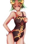  1girl adapted_costume dark_skin fire_emblem fire_emblem_heroes green_hair laegjarn_(fire_emblem_heroes) multicolored_hair oka_(umanihiki) one-piece_swimsuit red_eyes short_hair simple_background solo swimsuit white_background 