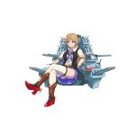  1girl absurdres belt blonde_hair boots brown_hair cowboy_boots eyebrows_visible_through_hair highres kantai_collection legs_crossed original raft rigging short_hair skirt smile solo stacking_mann thigh-highs thighs transparent_background turret uss_nevada_(bb-36) vest 