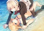  2girls ahoge artoria_pendragon_(all) artoria_pendragon_(swimsuit_archer) artoria_pendragon_(swimsuit_rider_alter) beach bikini black_legwear blonde_hair braid breasts collarbone commentary_request fate/grand_order fate_(series) food french_braid girl_on_top green_eyes hand_holding interlocked_fingers long_sleeves looking_at_viewer lying medium_breasts mouth_hold multiple_girls on_back popsicle sand short_hair swimsuit thigh-highs toosaka_asagi water yellow_eyes 