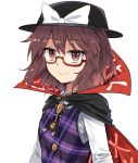  1girl black_cape black_hat bow brown_eyes brown_hair cape commentary_request e.o. eyebrows_visible_through_hair fedora glasses hair_between_eyes hat hat_bow long_sleeves looking_at_viewer plaid plaid_vest purple_vest red-framed_eyewear shirt short_hair simple_background smile solo touhou upper_body usami_sumireko vest white_background white_bow white_shirt 