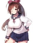  1girl ;) alternate_costume bow breasts brown_hair commentary_request cowboy_shot hair_bow hair_ornament hairclip hand_on_hip hand_on_own_thigh highres kantai_collection large_breasts long_hair mamiya_(kantai_collection) navy_blue_sailor_collar navy_blue_skirt one_eye_closed pleated_skirt ponytail red_bow red_neckwear red_ribbon ribbon school_uniform serafuku skirt smile solo sumisu_(mondo) 