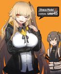  2girls :d bangs black_ribbon black_skirt blush breasts brown_hair cain_(gunnermul) character_name cleavage collarbone cosplay eyebrows_visible_through_hair fingerless_gloves flat_chest girls_frontline gloves hair_between_eyes hair_ornament hairclip highres hood hood_down hooded_jacket ithaca_m37_(girls_frontline) ithaca_m37_(girls_frontline)_(copslay) jacket large_breasts long_hair looking_at_viewer multiple_girls neck_ribbon off_shoulder one_eye_closed one_side_up open_clothes open_jacket open_mouth orange_eyes ribbon scar scar_across_eye scarf shirt simple_background skirt smile sparkle ump45_(girls_frontline) ump45_(girls_frontline)_(cosplay) very_long_hair white_shirt yellow_background yellow_eyes 