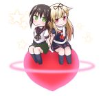  2girls blonde_hair blush brown_hair commentary_request fubuki_(kantai_collection) green_eyes hair_ornament hair_ribbon hairclip hand_holding heart ichimi kantai_collection long_hair looking_at_viewer multiple_girls neckerchief red_eyes remodel_(kantai_collection) ribbon school_uniform serafuku sitting smile solo star yuri yuudachi_(kantai_collection) 