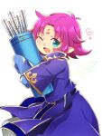  1girl arrow belt cielo_oceano cosplay fa facial_mark fire_emblem fire_emblem:_fuuin_no_tsurugi fire_emblem_heroes forehead_mark green_eyes klein_(fire_emblem) klein_(fire_emblem)_(cosplay) long_sleeves mamkute one_eye_closed open_mouth pointy_ears purple_hair quiver short_hair simple_background solo white_background 