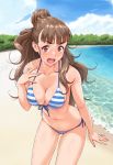  1girl bangs bare_shoulders beach bikini blue_sky blunt_bangs blush braid breasts brown_hair cleavage clouds collarbone cowboy_shot day embarrassed eyebrows eyebrows_visible_through_hair front-tie_bikini front-tie_top gluteal_fold hair_bun highres horizontal_stripes idolmaster idolmaster_cinderella_girls kamiya_nao long_hair looking_at_viewer medium_breasts navel nigou open_mouth outdoors red_eyes side-tie_bikini sky solo standing striped striped_bikini striped_swimsuit sweatdrop swimsuit thick_eyebrows water 