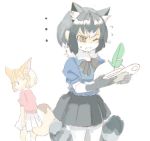  2girls animal_ears black_hair blonde_hair bow bowtie bucket_hat commentary_request common_raccoon_(kemono_friends) elbow_gloves feathers fennec_(kemono_friends) flying_sweatdrops fox_ears fox_tail fur_collar gloves grey_hair hat kemono_friends konabetate multicolored_hair multiple_girls pantyhose pleated_skirt puffy_short_sleeves puffy_sleeves raccoon_ears raccoon_tail short_hair short_sleeves skirt sweatdrop tail thigh-highs 