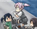  3girls bicycle bicycle_basket blank_eyes blue_eyes blue_hair brown_hair cellphone commentary_request dated empty_eyes gloves green_eyes ground_vehicle hair_bobbles hair_ornament hair_ribbon hamu_koutarou hayasui_(kantai_collection) headband jacket japanese_clothes kantai_collection kimono multiple_girls neck_ribbon phone pleated_skirt ponytail purple_hair red_ribbon ribbon riding shiranui_(kantai_collection) shirt short_hair short_ponytail skirt smartphone solid_oval_eyes souryuu_(kantai_collection) track_jacket twintails vest white_gloves white_shirt 