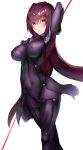  1girl blush bodysuit boruhis breasts covered_navel erect_nipples eyebrows_visible_through_hair fate/grand_order fate_(series) gae_bolg hair_intakes highres holding holding_weapon large_breasts long_hair looking_at_viewer pauldrons polearm purple_bodysuit purple_hair red_eyes scathach_(fate/grand_order) shoulder_armor solo spear very_long_hair weapon white_background 