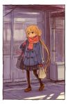  1girl :t bag blonde_hair brown_eyes coat full_body futaba_anzu grocery_bag idolmaster idolmaster_cinderella_girls loafers long_hair low_twintails matsuo_yuusuke mittens outdoors pantyhose pleated_skirt scarf shoes shopping_bag shoulder_bag sketch skirt solo stuffed_animal stuffed_bunny stuffed_toy twintails 