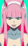  1girl akairiot bare_shoulders collarbone darling_in_the_franxx fangs green_eyes highres horns long_hair looking_at_viewer pink_hair solo tongue tongue_out upper_body zero_two_(darling_in_the_franxx) 