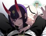  1boy 2girls ass blue_hair breasts cleavage commentary_request fate/grand_order fate_(series) fujimaru_ritsuka_(male) hair_ornament horns kaikodou_kana kiyohime_(fate/grand_order) long_hair looking_at_viewer lying multiple_girls on_back oni oni_horns pov short_hair shuten_douji_(fate/grand_order) small_breasts smile sweatdrop teeth violet_eyes yellow_eyes 